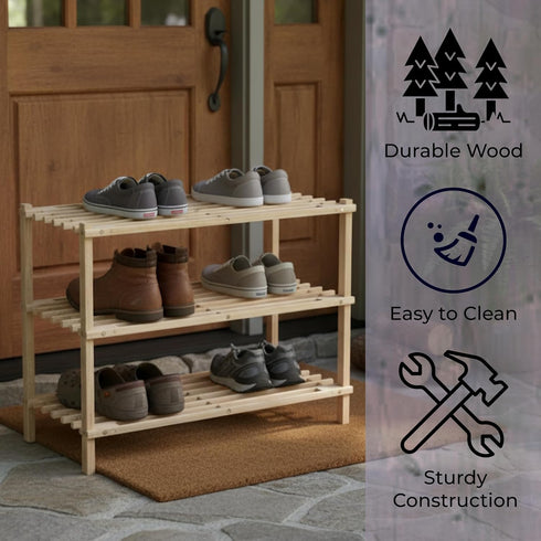 3-Tier Closet, 9 Shoe Storage Rack - Wood Shoe Organizer for Bathroom, Entryway - Footwear Shelf Holds Pairs Sneakers