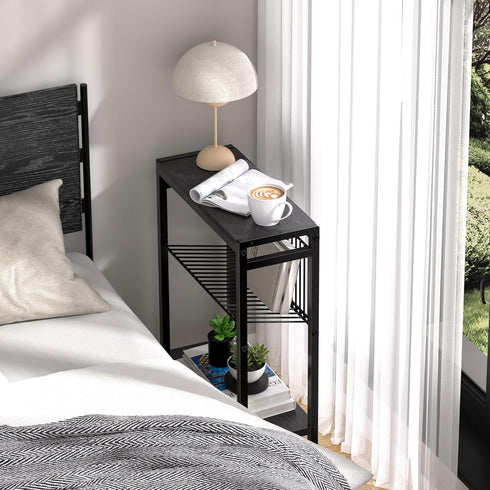 3-Tier End Table for Small Space, Narrow Side Table with Magazine Holder, Nightstand, Skinny Snack Couch Table