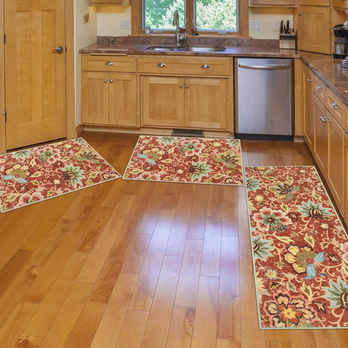 Homcomoda Kitchen Mats 3 Piece Set, Non Slip Washable Floral Kitchen Rugs for Sink, Laundry Room