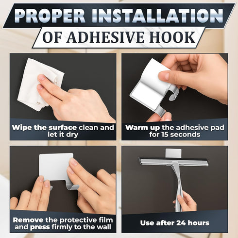 12" Shower Door Squeegee with Adhesive & Hanging Hooks, Silicone Blade - Stainless Steel All-Purpose Squeegee