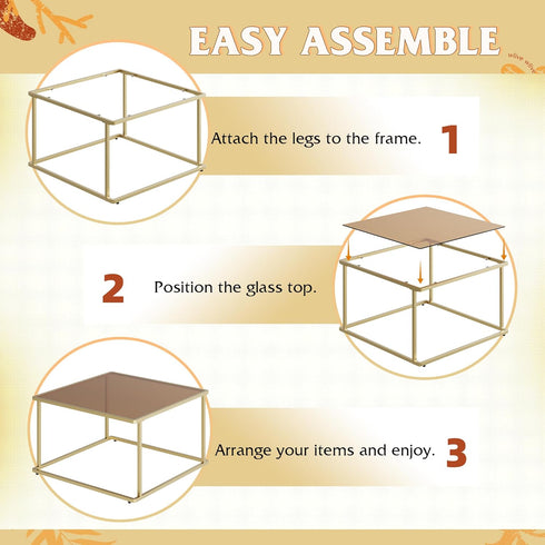 26.4 26.4in, WLIVE Coffee Table, Glass Coffee Table for Living Room, Modern Small Coffee Table with Tempered Glass