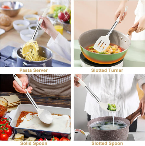 TeamFar Cooking Utensils Set - 5 Pcs Silicone Kitchen Utensils with Stainless Steel Handle for Nonstick Cookware