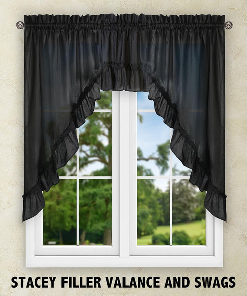 Ellis Curtain Stacey Sheer Tailored Tier Pair Curtains, 56" x 30", Black