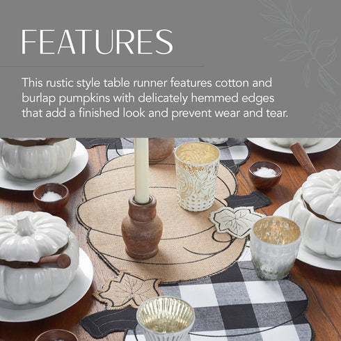 Elrene Home Fashions Burlap and Check Pumpkin Centerpiece Table Runner, 13" x 36", Black and White