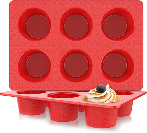Jumbo Muffin Pan Silicone, European LFGB Cupcake Pan 6 Cups, Non-Stick Deep Baking Pan, Set of 2 Red