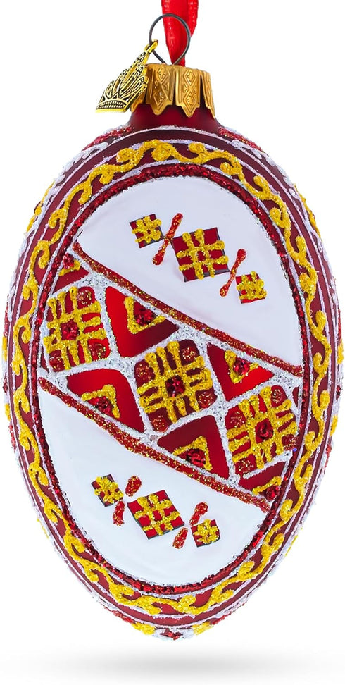 Red Stripe Ukrainian Pysanka Glass Egg Ornament, 4 Inches