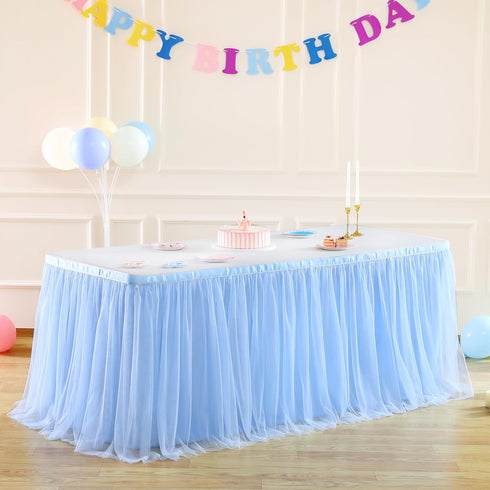 Baby Blue Table Skirt for Baby Shower Boy 6ft Light Blue Tulle Tutu Table Cloth for Elephant Birthday Party Decorations