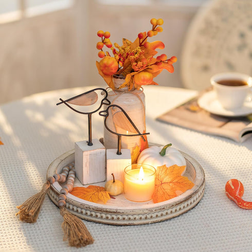 Counter Hanobe Round Wooden Decorative Tray: White Washed Bead Tray Decor for Coffee Table Centerpiece Rustic Farmhouse