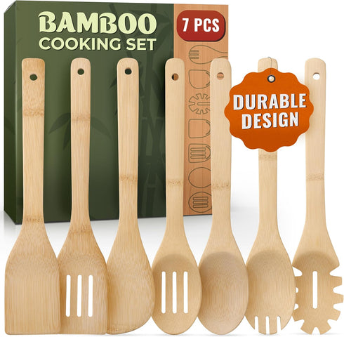 7 PCs Bamboo Wooden Spoons for Cooking, Wooden Utensil Set for Nonstick Cookware, Easy to Clean, Sturdy, Lightweight