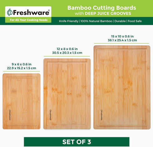 Freshware Wood Cutting Boards for Kitchen, Bamboo Set of 3, Juice Grooves, Easy Grip Handle