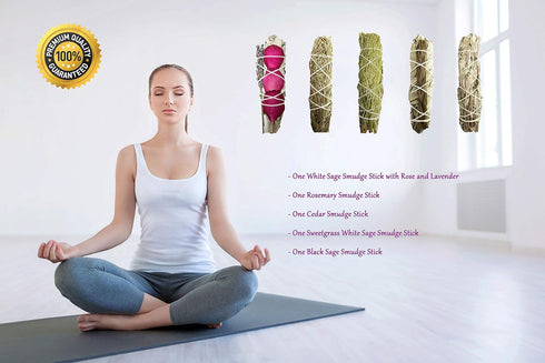 Smudge Sticks Sampler - 1 White Sage with Rose and Lavender, 1 Rosemary, 1 Cedar, 1 Sweetgrass White Sage and 1 Black Sage by Tomoko