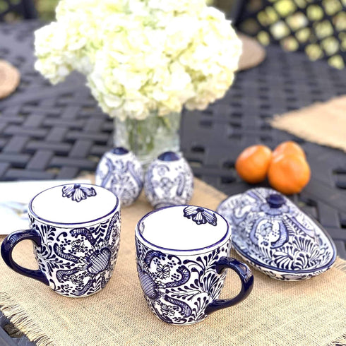 Encantada Handmade Hand-Painted Authentic Mexican Pottery, Salt and Pepper Shaker Set, Blue Flower (MC085F-K2)