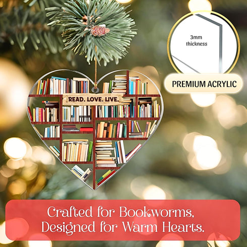 Book Lovers Gifts for Women-Book Ornament Heart Shaped Bookshelf Christmas Decoration with Read Love Live Quote Gifts