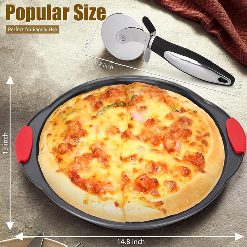 Non-Stick Pizza Pans, 2 PACK Round Trays for Oven, 13 Inch Baking Pan with Pizza Cutter and Silicone Handle