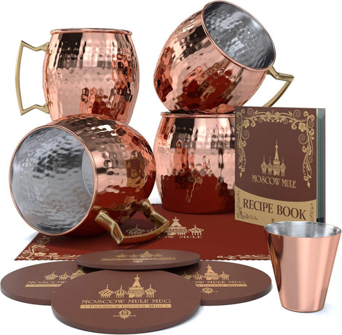 Hammered Moscow Mule Copper Mug Set of 4, Stainless Steel Lining, 16 oz