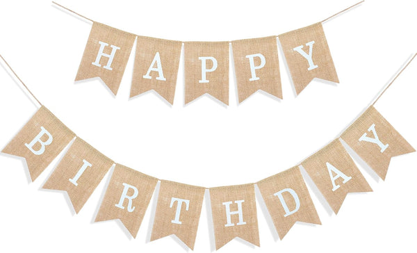 Uniwish Happy Birthday Burlap Banner - Neutral Happy Birthday Party Decorations, Boho Rustic Bunting Sign