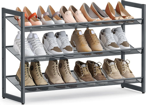 SONGMICS Shoe Rack, 3-Tier Shoe Organizer, Metal Shoe Storage for Garage, Stackable