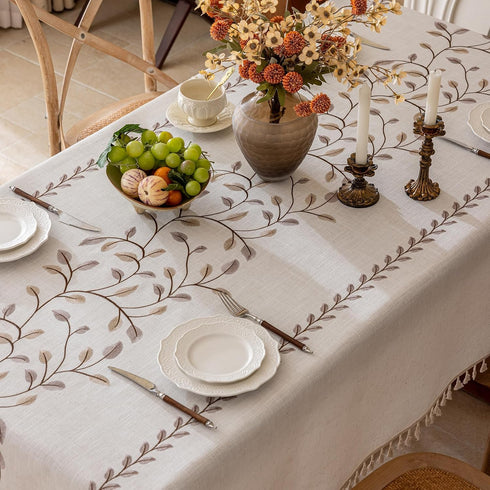 55''x 55'' Joyfol Day Square Linen Tablecloth, Heavy Duty Waterproof Tablecloths, Farmhouse Embroidery Leaves Table