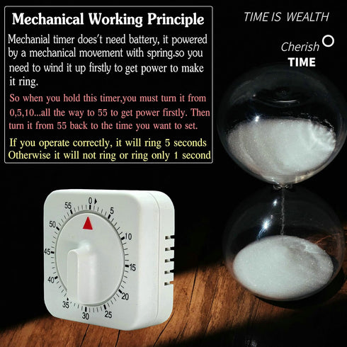 Square 60 Minute Mechanical Kitchen Timer, Visual Cooking Timer with Loud Alarm, Manual Countdown, No Batteries Required