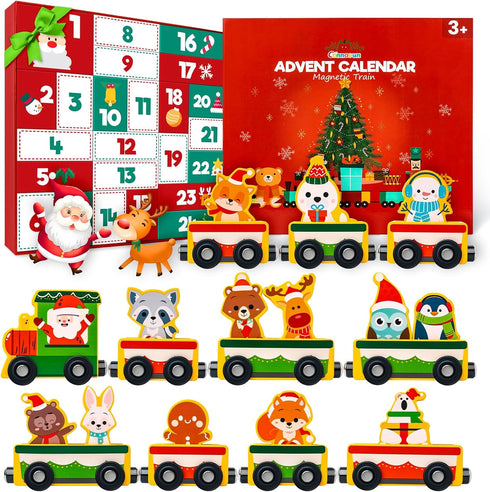2025 Christmas Advent Calendar Gifts for Kids, Commodum Magnetic Wooden Animals Train