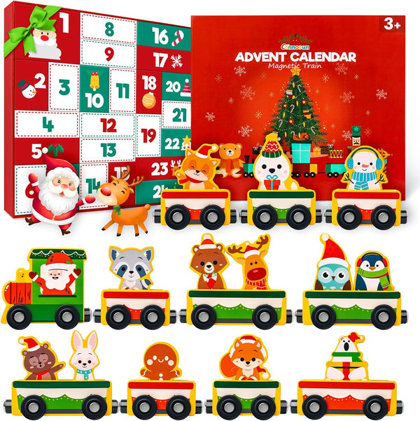 2025 Christmas Advent Calendar Gifts for Kids, Commodum Magnetic Wooden Animals Train