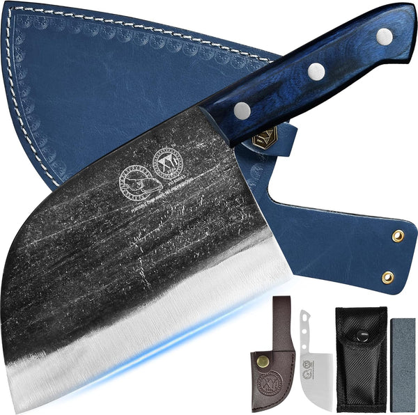 XYJ Antique Forged Butcher Knife - Serbian-Style Chef's Knife with Sheath, Heavy-Duty Meat Cleaver