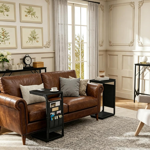 Vovonusy ET-P-BK1 Wood Pedestal Small TV Trays for Eating, C Shaped End Table Storage Bag, Sofa Side Table Couch Desk