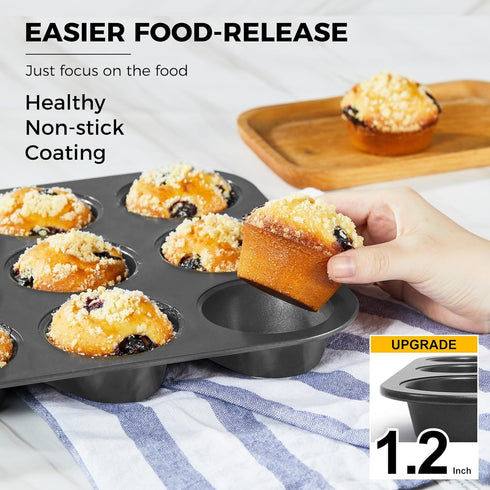 HONGBAKE Muffin Pan for Baking, Nonstick Cupcake Tin 12 Cup, 2 Pack Cup Cake Tray, Premium Cheesecake Pans, Dishwasher Safe - Dark Grey by HONGBAKE