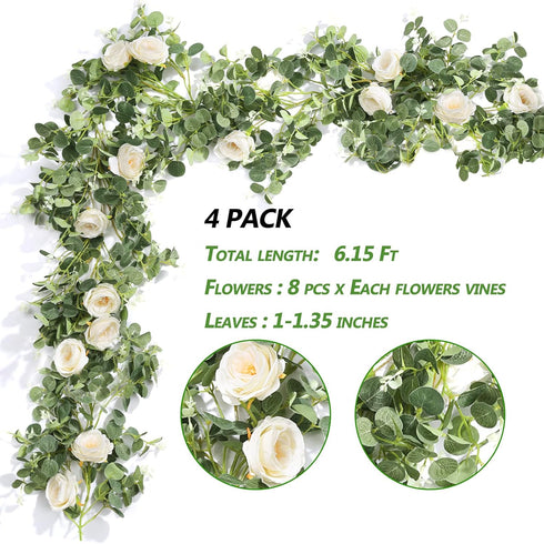 Der Rose 4 Pcs 13Ft Artificial Eucalyptus Flower Garland with Fake Silk Rose and Greenery for Decor