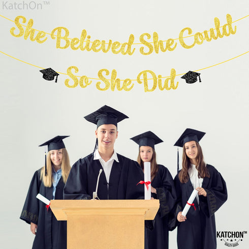 KatchOn Gold and Black She Believed She Could So She Did Banner - 10 Feet Glitter Graduation Decorations 2025
