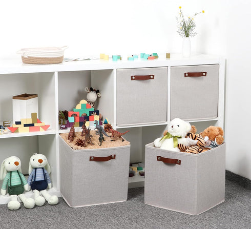 Temary Fabric Storage Cubes with Dual Leather Handles, 4 Pack Cube Baskets 13x13 for Home, Office, Nursery