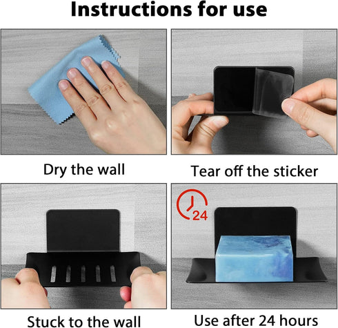 Soap Dish for Shower, 5 Slot Self-Adhesive Wall Mounted Soap Holder, Stainless Steel Black Soap Tray