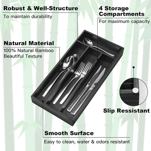Silverware Organizer Small Bamboo Kitchen Drawer, Utensil Holder, Flatware Organizer Tray, Black, 4 Slots