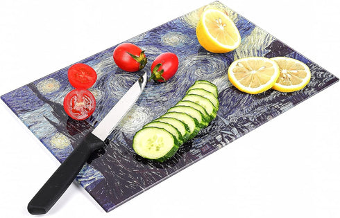Tempered Glass Cutting Board for Kitchen, Van Gogh Design Blue Starry, Small Heat Resistant, 8x12 inch