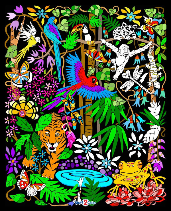 Stuff2Color Rainforest Velvet Coloring Poster - Frogs, Monkeys, Birds, and Tiger - Uncolored for Kids and Adults