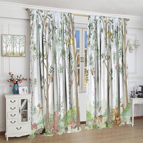 42x45in Kids Watercolor Woodland Animal Window Curtains, Bear Deer Squirrel Hedgehog Fox Birds Green Forest Blackout