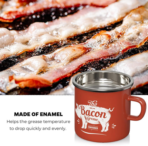 15OZ PGYARD Mini Bacon Grease Container With Strainer - Enamel Grease Saver, Farmhouse Bacon Grease Keeper For Kitchen