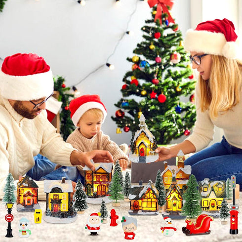 29 Set Woanger Pieces Christmas Village LED Lighted Houses for Christmas Village Xmas Scene Figurines Decoration