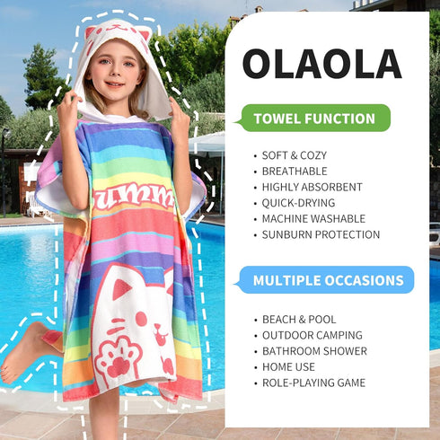 3-12 OLAOLA Striped Cat Hooded Kids Beach Towels for Years Boys Girls, Soft Absorbent Kids Hooded Bath Towel Wrap