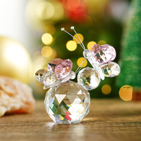 H&D HYALINE & DORA Pink Crystal Cut Double Butterfly Figurine, Handmade Art Glass Collectible Gift, Gift Boxed