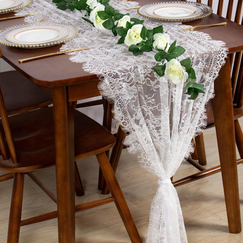 ShinyBeauty 30x120 Inch White Lace Table Runner - Rustic Boho Party Table Linen for Wedding and Special Events