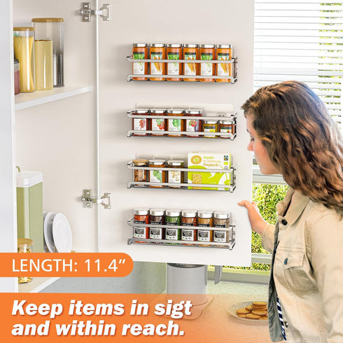 Spice Rack wall mounted 4 Pack, Space-Saving Spice Organizer for Spice Jars and Seasonings,Screw or Adhesive Hanging Spice Rack Organizer for Your Kitchen Cabinet,or Pantry Door,Chrome by Bunoxea