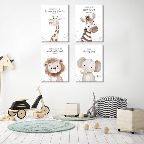4Pcs Nursery Bible Verse Animal Canvas Wall Art Funny Cute Safari Animals Christian Painting Picture Wall Decor Lions
