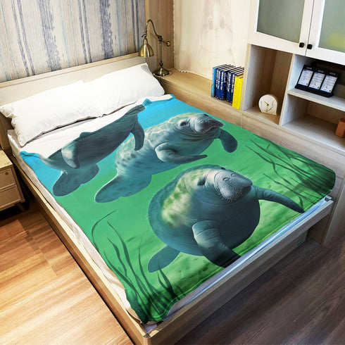 50x80 Soft Plush Blanket, Comfort Warmth Throw for Couch, Underwater Manatee Family Green