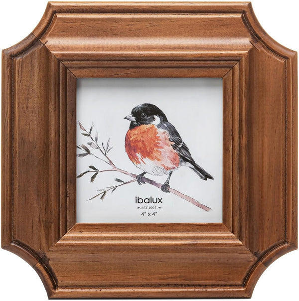 4x4 Octagonal Picture Frame, Walnut-Colored Pine Wood with Real Glass, Vertical and