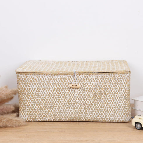 FEIALNDUO Wicker Shelf Baskets with Lid - Seagrass Storage Bins Rectangular Handwoven Basket Boxes for Home Organizer
