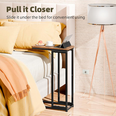 Set 2, Simple Trending C Shaped Side Table, End Table of Sofa Couch Table TV Tray for Living Room, Small Space, Rustic