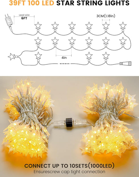 syosupviry in,39ft 100LED Star String Lights Plug Fairy Lights with Remote, Hanging Star Decorations Lights Waterproof