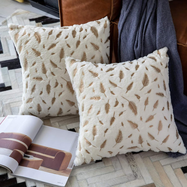 Decorative Pillow Covers - 18x18 Inch Throw Pillows for Living Room, Set of 2 White Fur with Gold Leaves