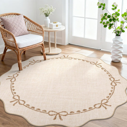 5ft GarveeHome Scalloped Bow Rug for Living Room, Round Rugs Washable Solid Beige Rug for Dorm Soft Low Pile Non Slip
